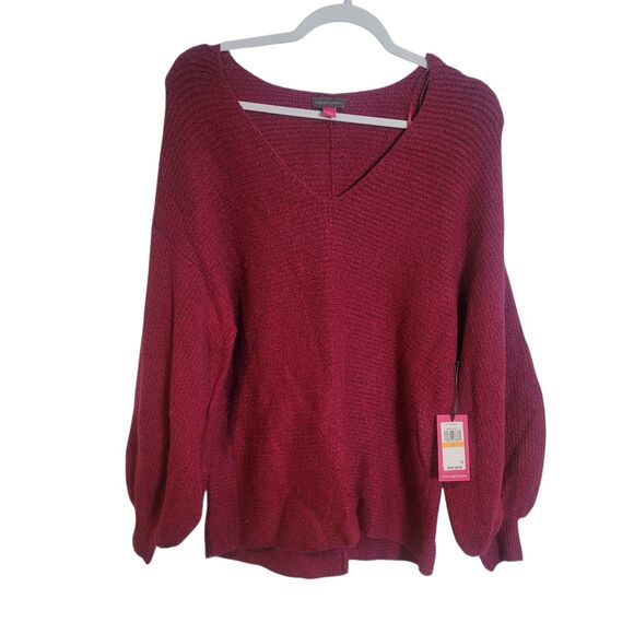 Vince Camuto NEW V Neck Balloon Sleeve Sweater Womens Small Berry Red Christmas - Picture 1 of 12